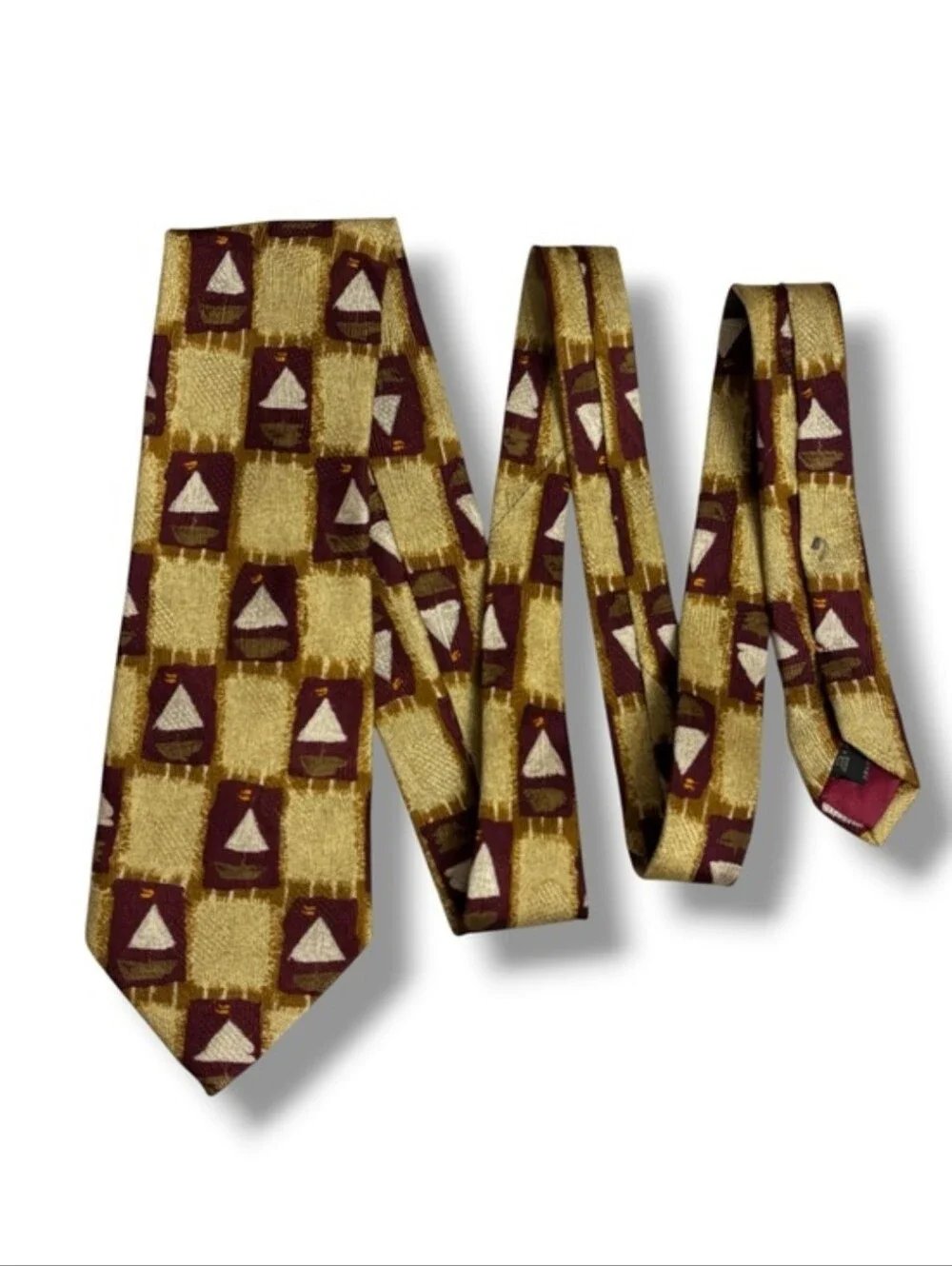 ERMENEGILDO ZENGA Yellow, Tan, & Red Silk Square Pattern Sailboats Tie VINTAGE